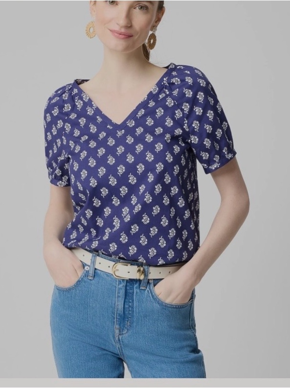 J. Crew  factory Blue Floral V-Neck Short Sleeve Top Sz 2X